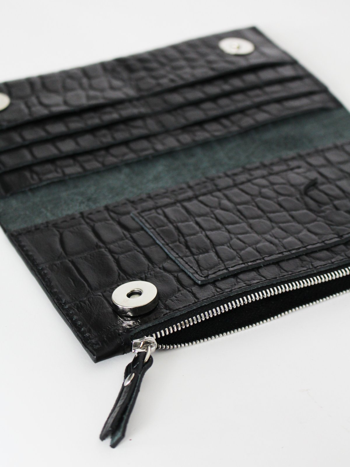 3. Interior view of Classic Leather Wallet TAAL in Black Croco, showing card compartments and zippered section