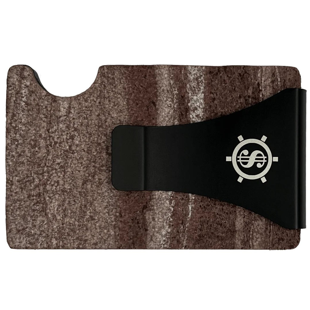 1. Red Canyon marble card holder with black money clip featuring Seif Design logo on black background