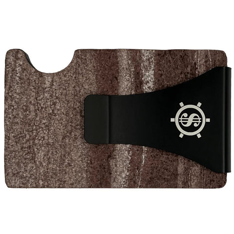 1. Red Canyon marble card holder with black money clip featuring Seif Design logo on black background