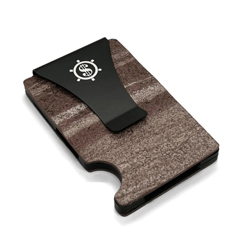 2. Angled view of Red Canyon marble card holder with black money clip and Seif Design logo on white background