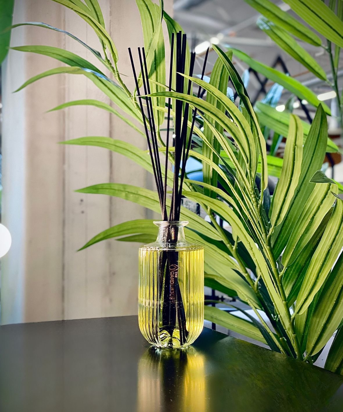 13. Candledust Signature room diffuser placed on a table with lush green plants, creating a fresh ambiance
