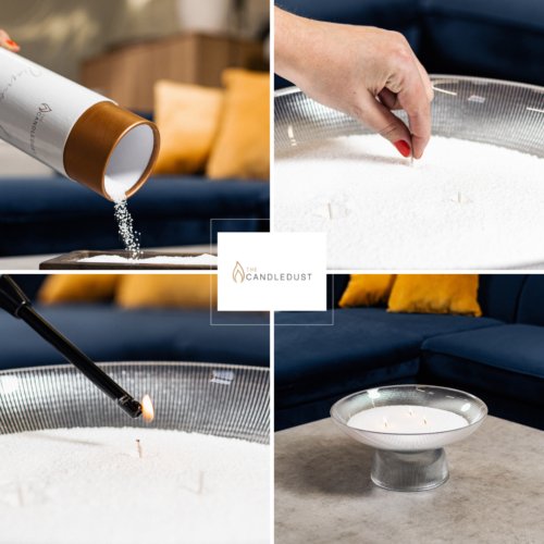 5. Step-by-step process of using Candledust powdered candle, including pouring powder and lighting wicks