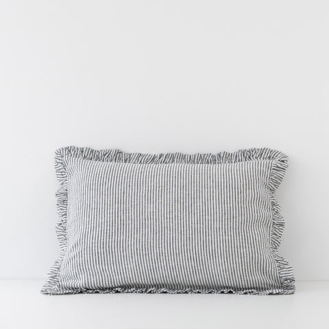 3. Black and white striped linen pillowcase with frills on a plain white background