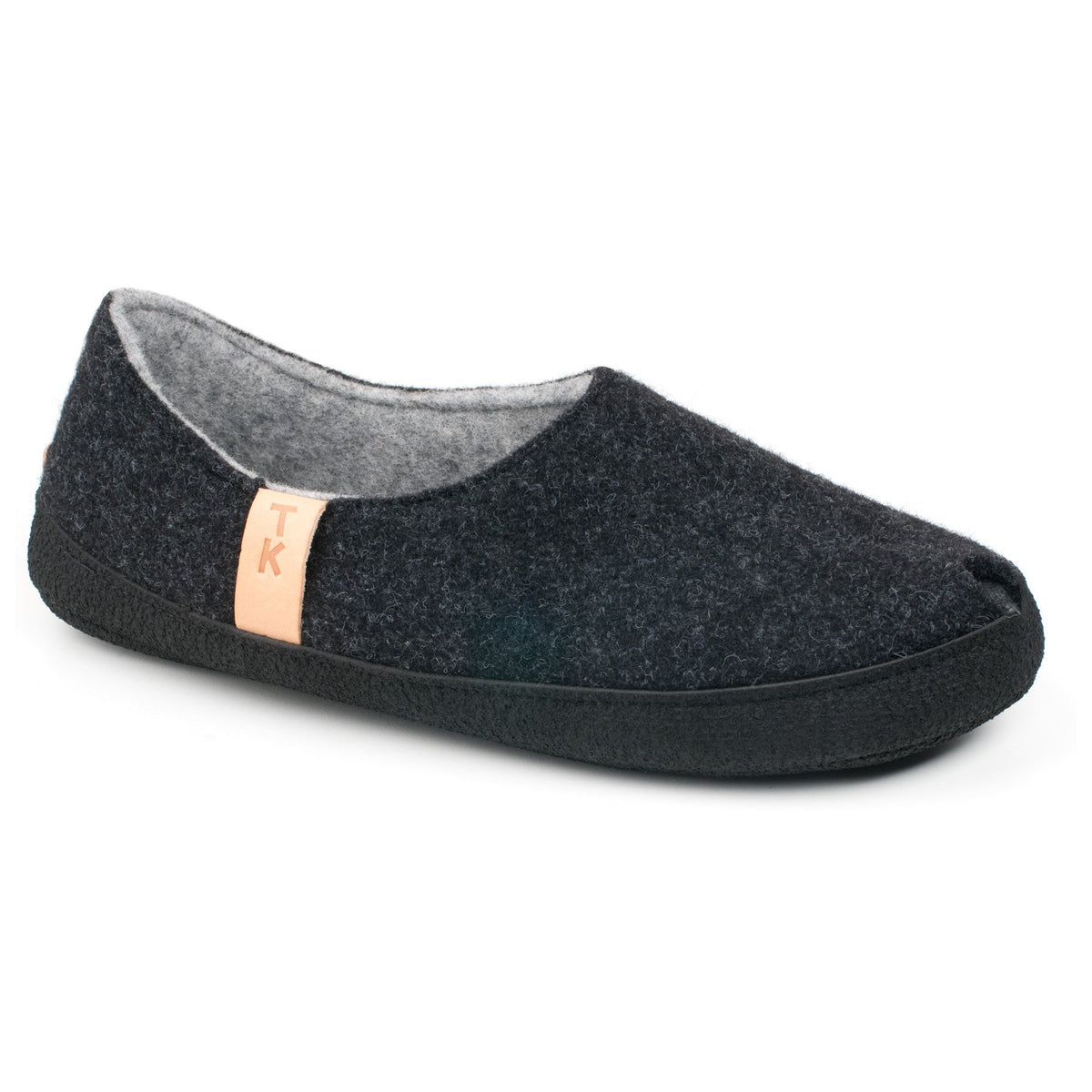 3. Studio shot of single TOKU Budapest slipper in dark grey, showing closed heel and toe design