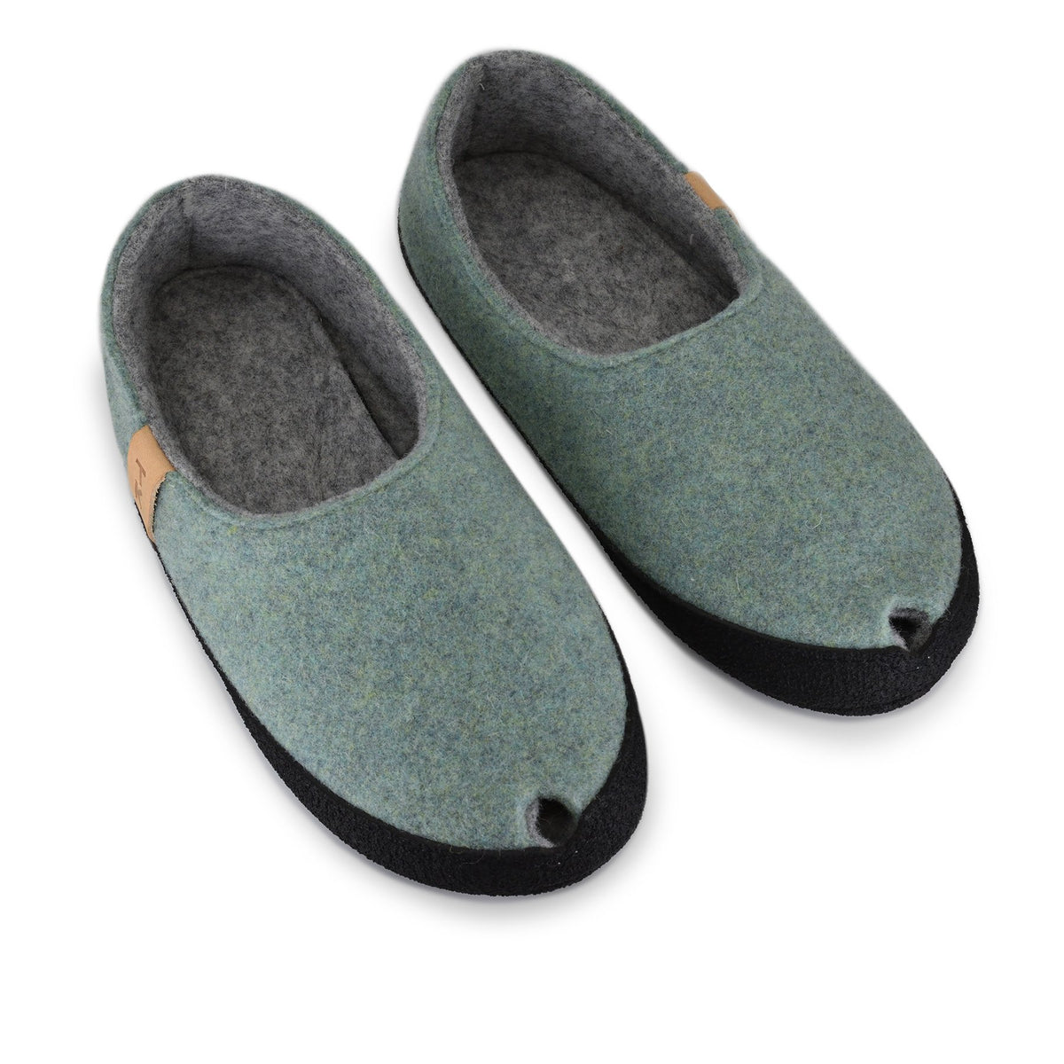 4. Studio shot of Omaking TOKU Budapest Slippers in mint green, showing pair from above with peek-hole design