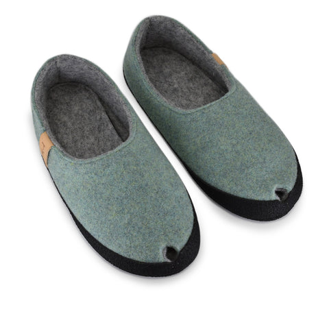 4. Studio shot of Omaking TOKU Budapest Slippers in mint green, showing pair from above with peek-hole design