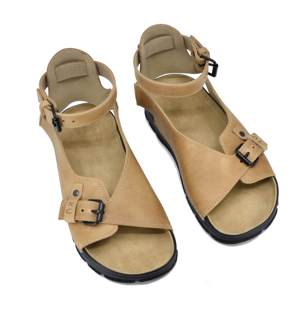 2. Top view of women's TOKU Athens sandals in beige leather, featuring closed heel and supportive insole