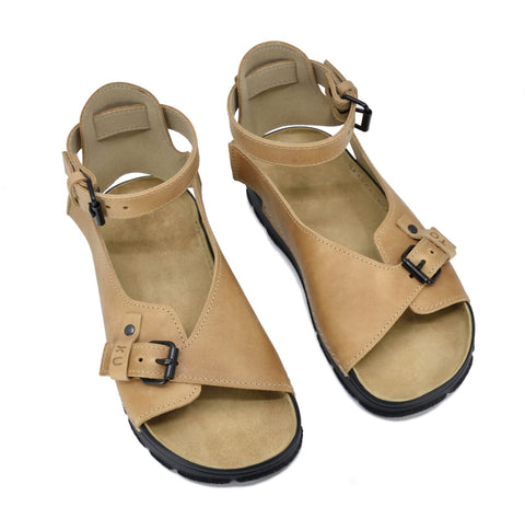 2. Top view of women's TOKU Athens sandals in beige leather, featuring closed heel and supportive insole