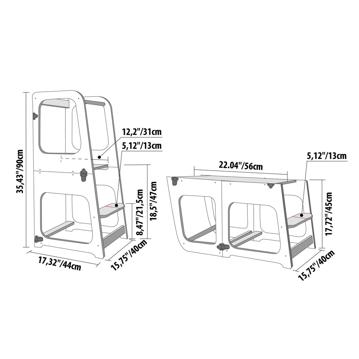 8. Size chart for transformable kitchen tower showing dimensions in centimeters