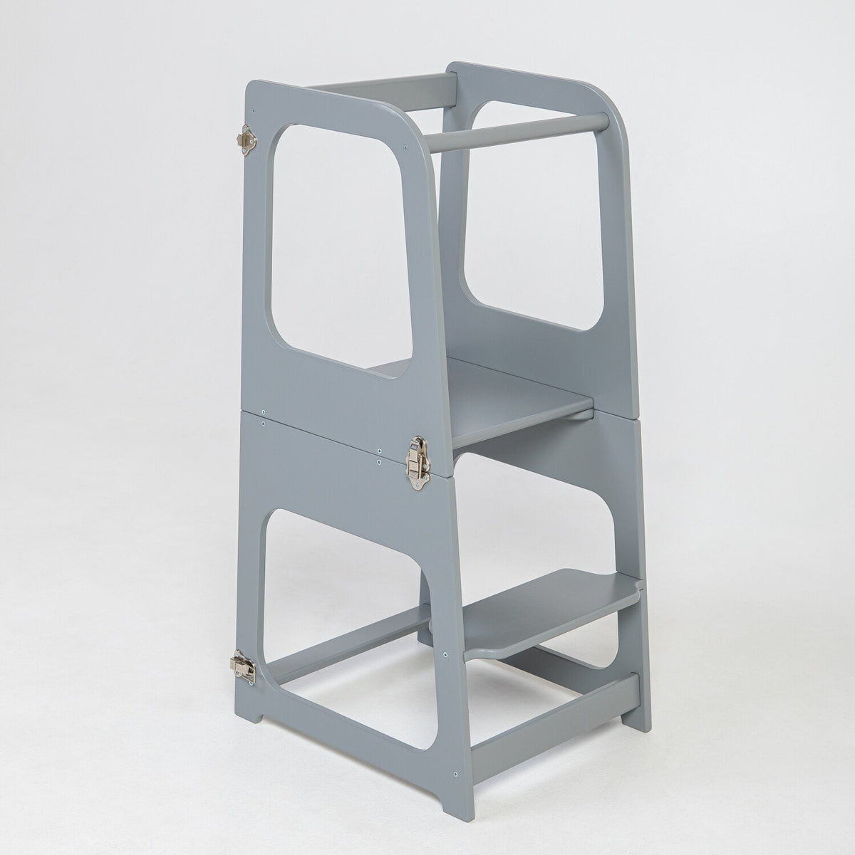 16. Grey transformable kitchen tower in step stool configuration on white background