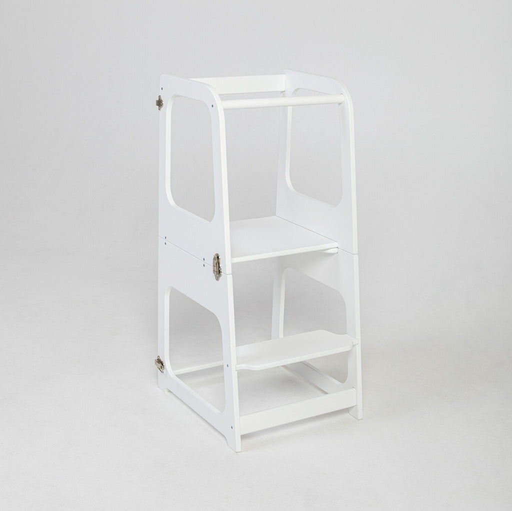 13. White transformable kitchen tower in step stool configuration on white background