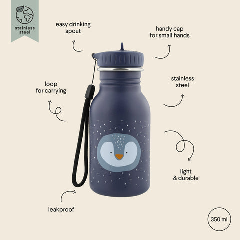 2. Trixie Baby 350 ml stainless steel bottle with penguin face, labeled features including easy spout, carrying loop, and leakproof design