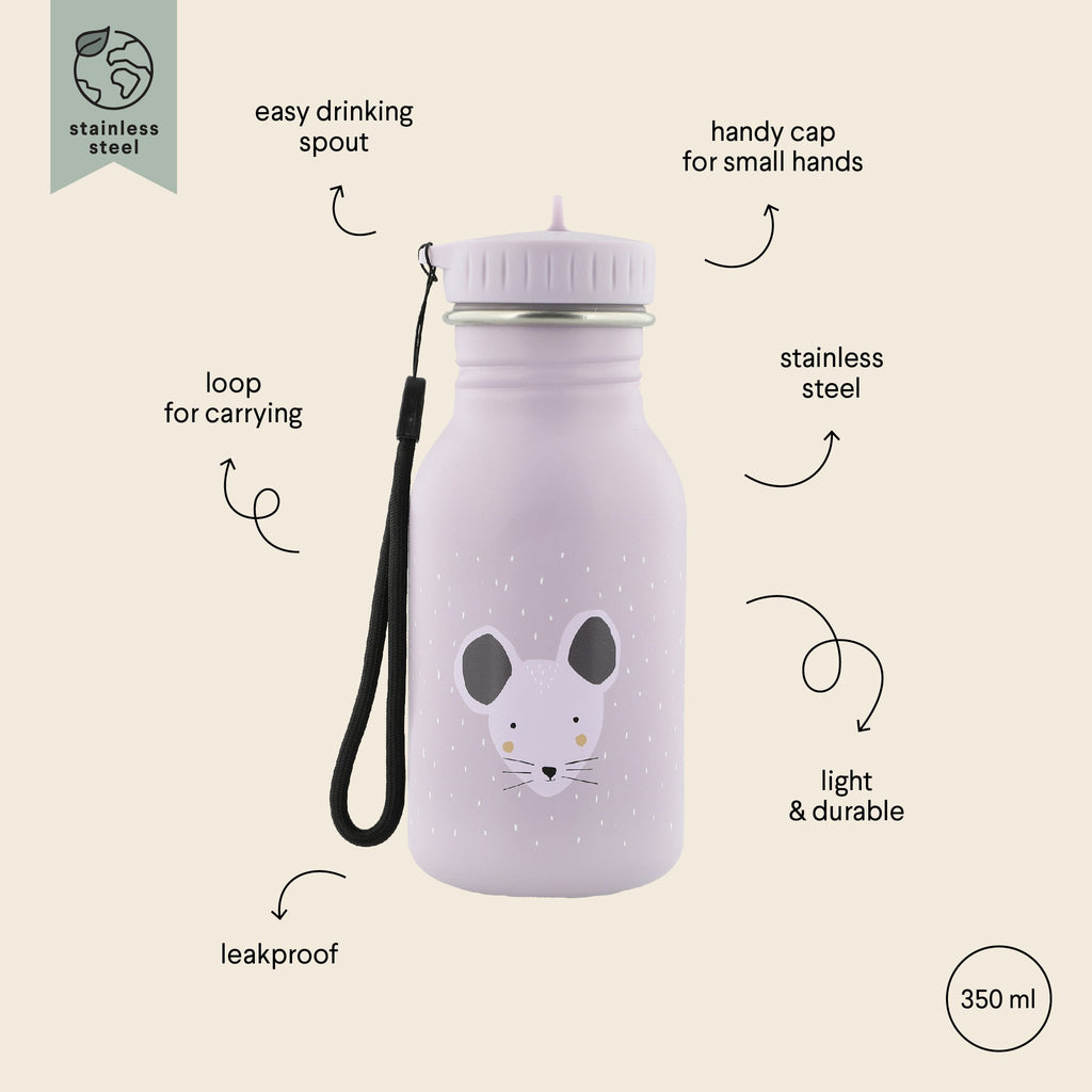3. Close-up of Trixie Baby Mrs Mouse stainless steel bottle with labeled features like easy drinking spout and leakproof design