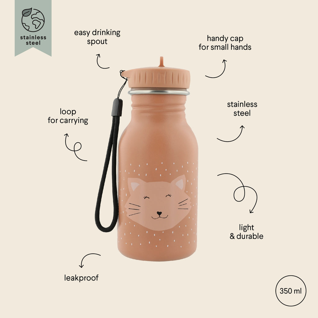 3. Close-up of Trixie Baby stainless steel bottle with Mrs Cat design, showing features like easy drinking spout, handy cap, and loop for carrying