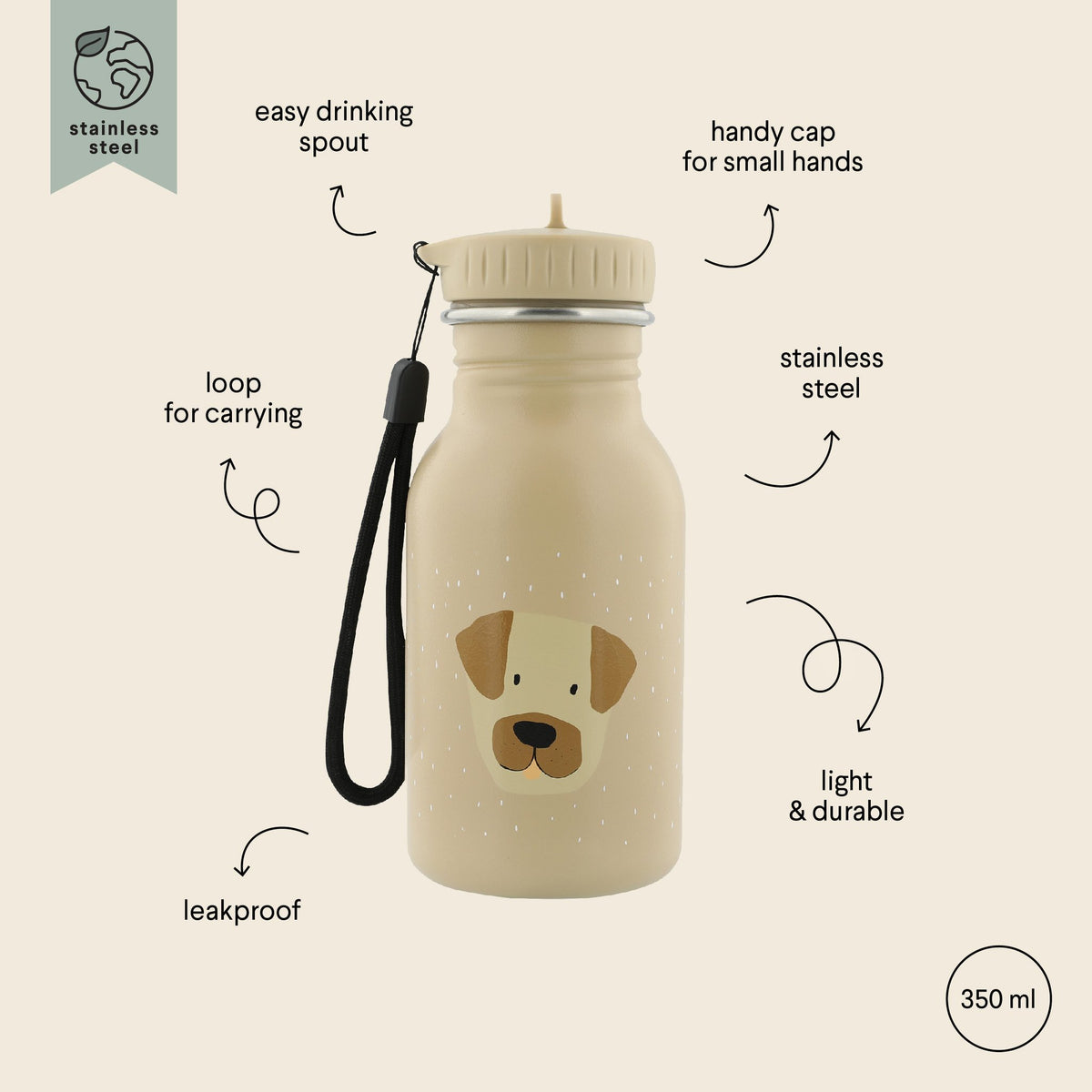 4. Beige stainless steel bottle with Mr Dog design and labeled features including easy spout and carrying loop