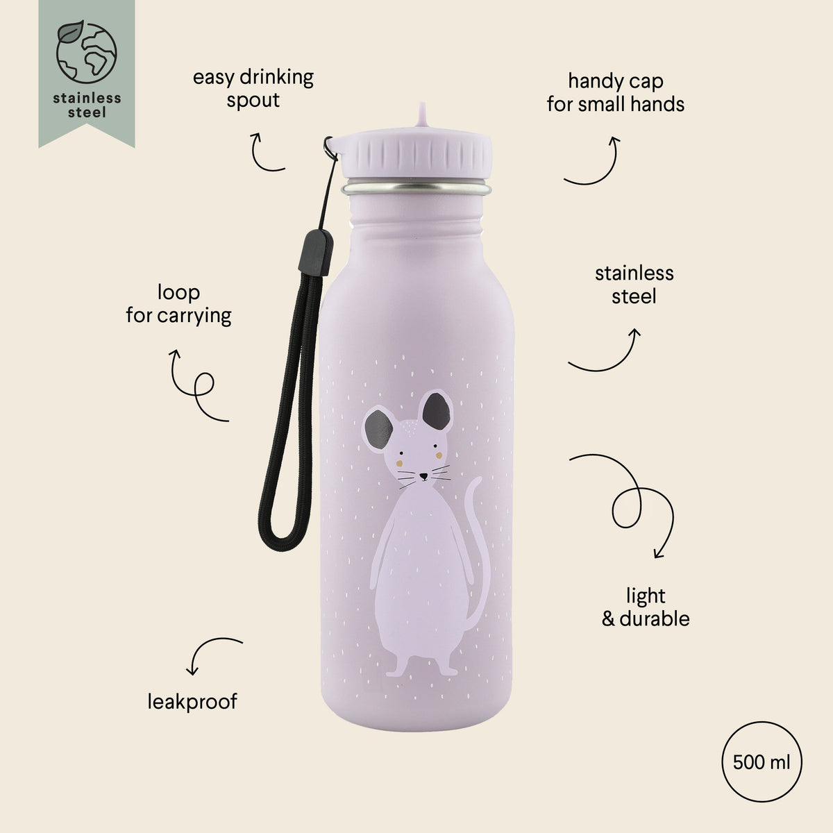 3. Close-up of Trixie Baby Mrs Mouse stainless steel bottle with mouse illustration, highlighting features like leakproof design, carrying loop, and easy drinking spout on beige background