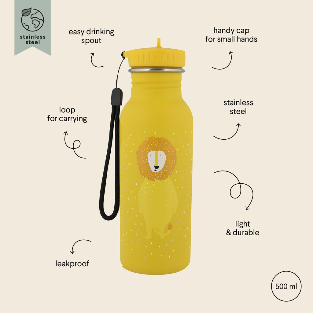 1. Yellow stainless steel bottle with lion illustration and black carrying loop, labeled features include easy drinking spout and leakproof design