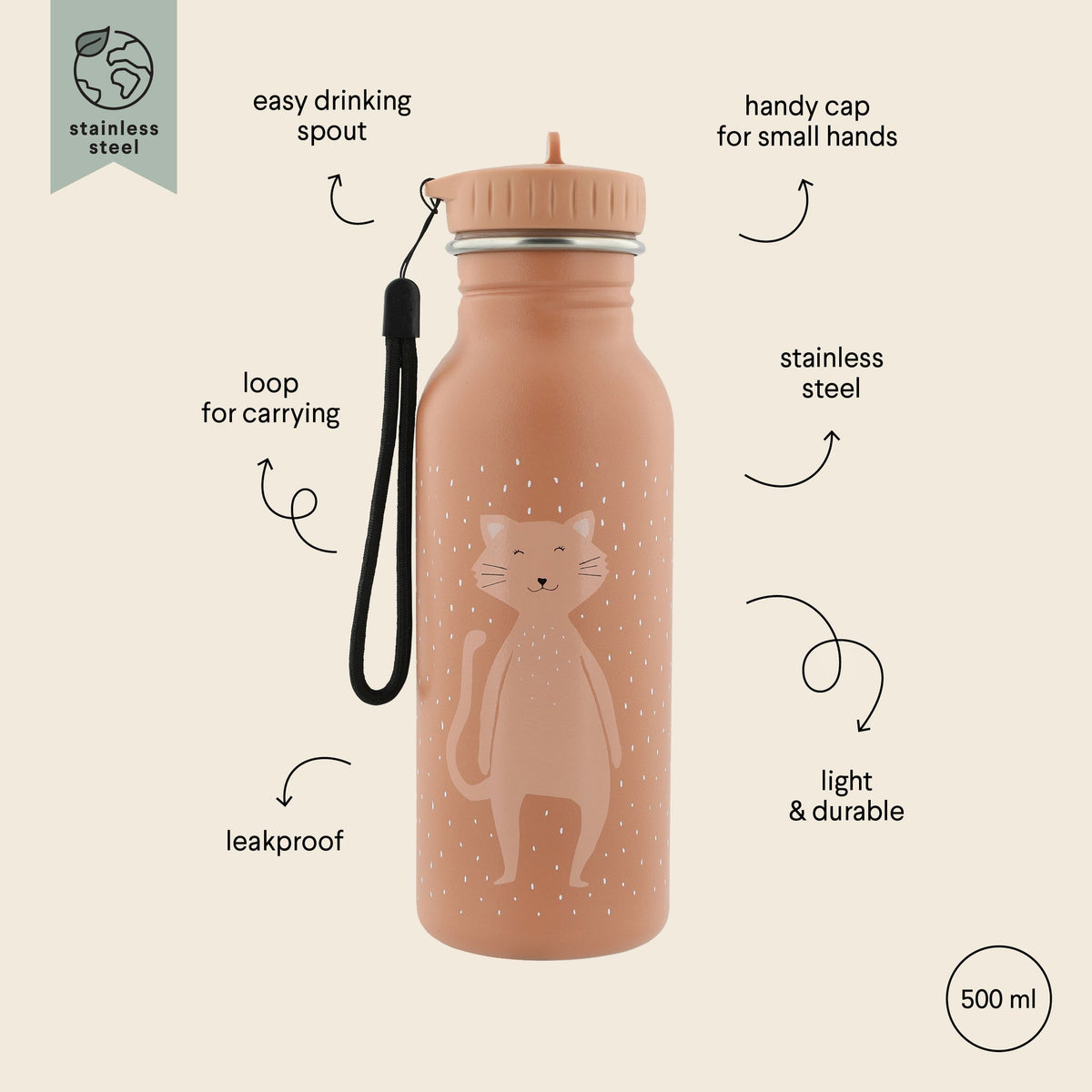 3. Close-up of Trixie Baby Mrs Cat stainless steel bottle with cat illustration, highlighting features like leakproof design, easy drinking spout, and carrying loop on beige background