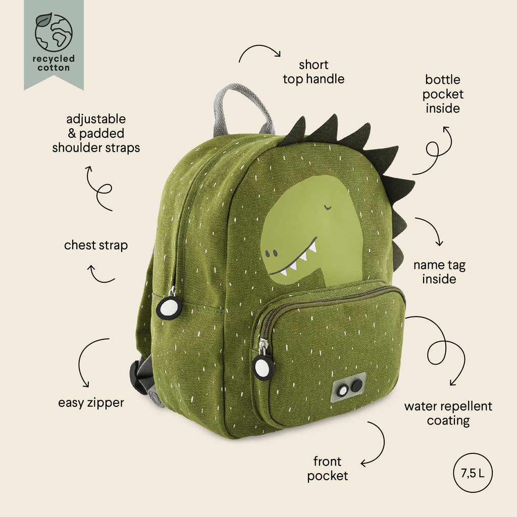 3. Green Mr Dino backpack with dinosaur print, showing features like adjustable straps, chest strap, and water repellent coating