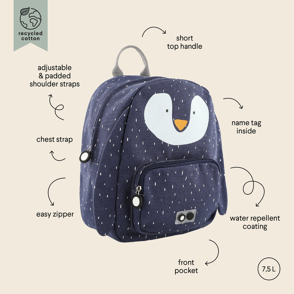 1. Navy blue Mr Penguin backpack with white penguin face, adjustable padded shoulder straps, chest strap, and front pocket, shown with labeled features on beige background