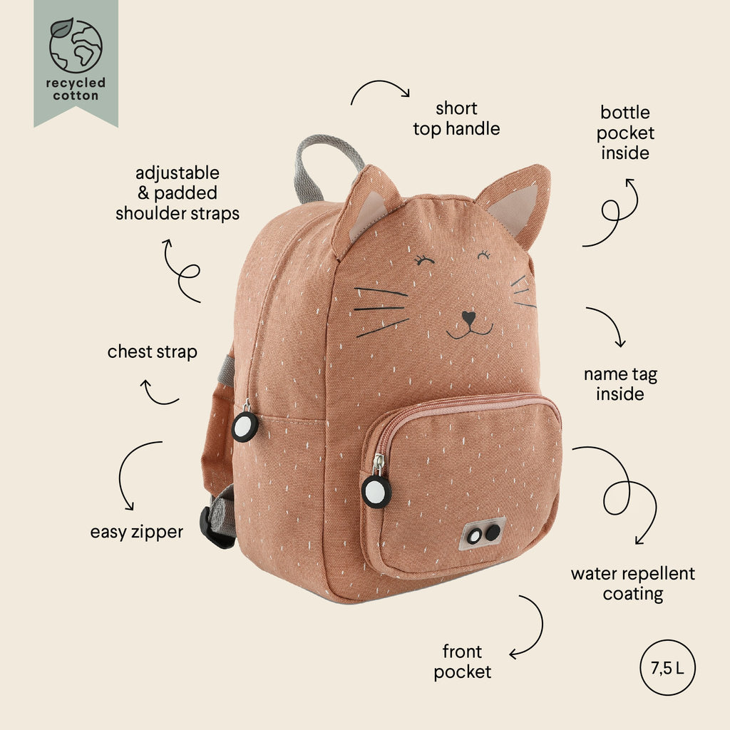 5. Trixie Baby Mrs Cat backpack with annotations highlighting features like adjustable straps, chest strap, and water repellent coating
