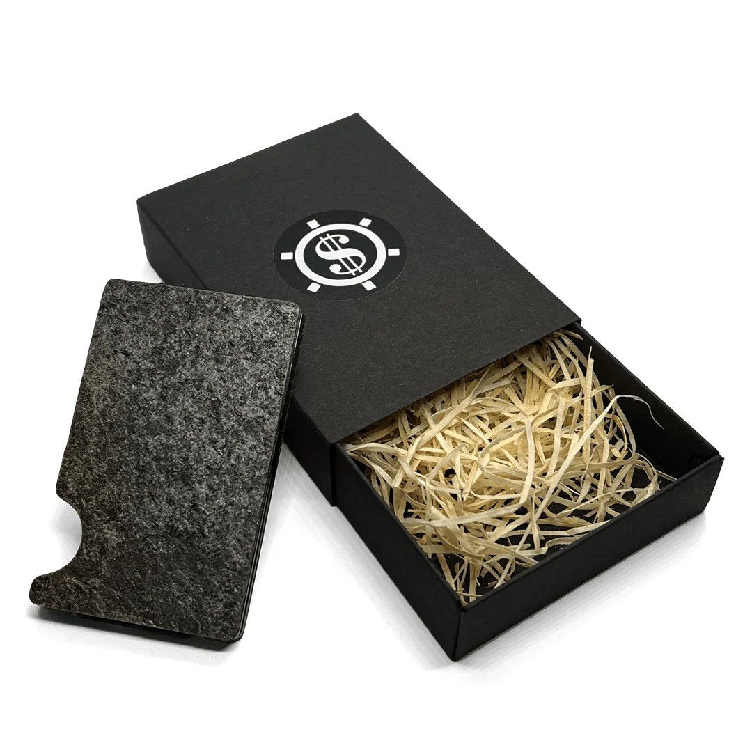 1. Tume Kask cardholder made of natural slate stone with black packaging and eco-friendly straw filling