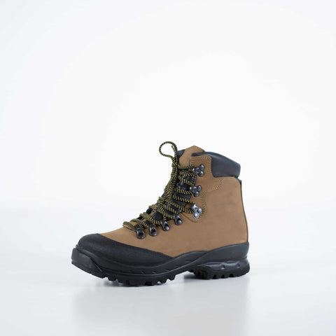 1. Samelin 553P Tundra Hiking Boots in brown nubuck leather with black accents, shown in studio setting