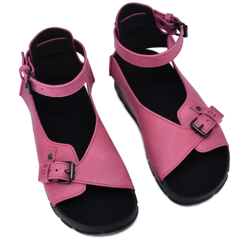 2. Pair of women's TOKU Athens pink sandals by Omaking, highlighting adjustable straps and velour insole, shown from above