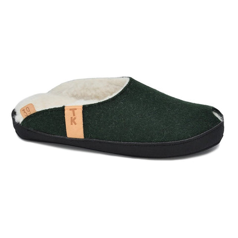 5. Side view of unisex dark green TOKU Brussels slipper by Omaking with lambswool lining and black sole