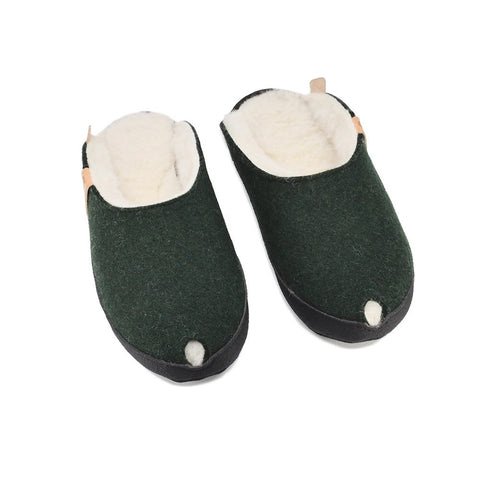 4. Studio shot of unisex dark green TOKU Brussels slippers by Omaking with lambswool lining