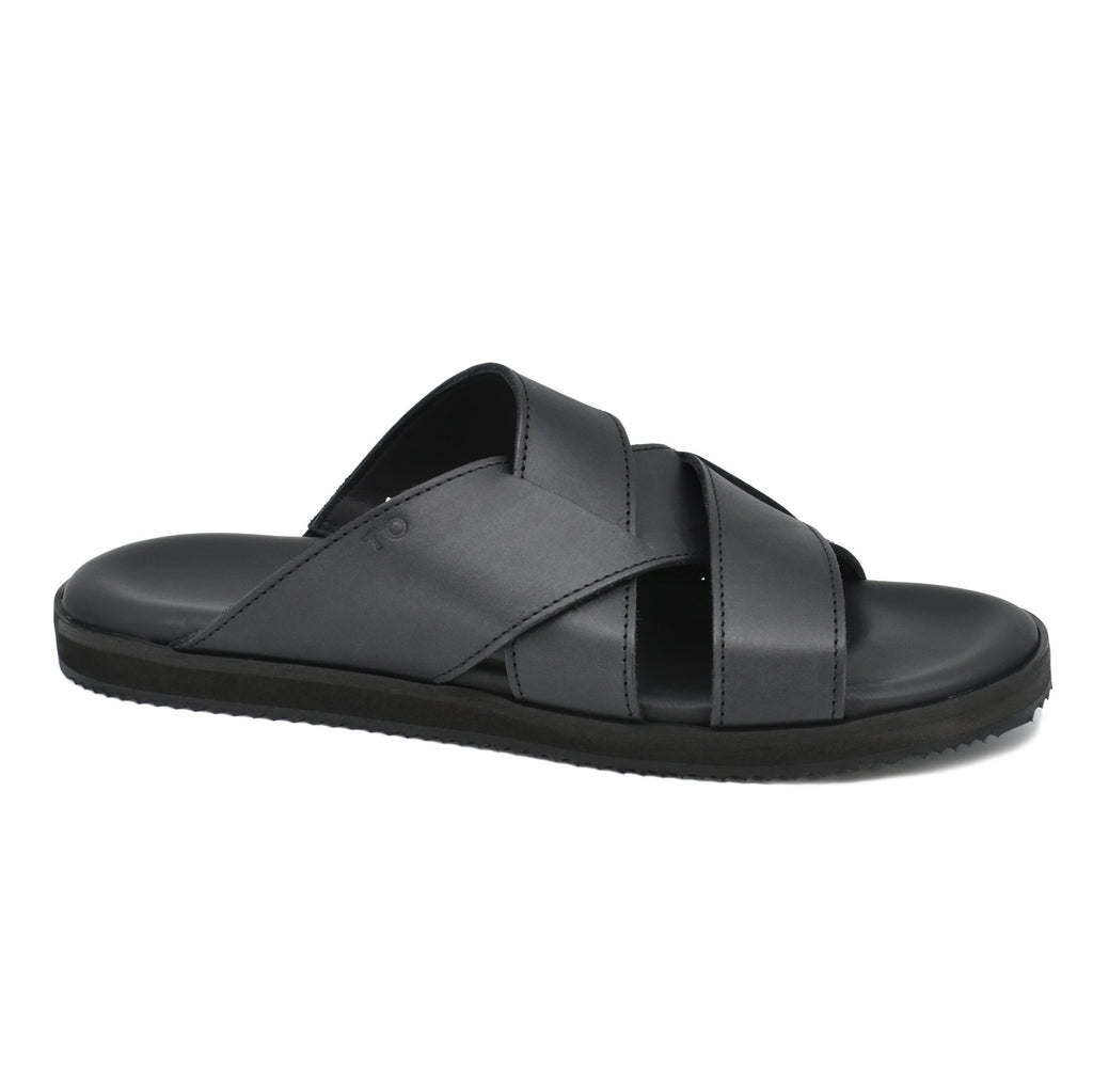 2. Side view of men's black Helsinki sandals by Omaking, highlighting leather upper and EVA rubber outsole