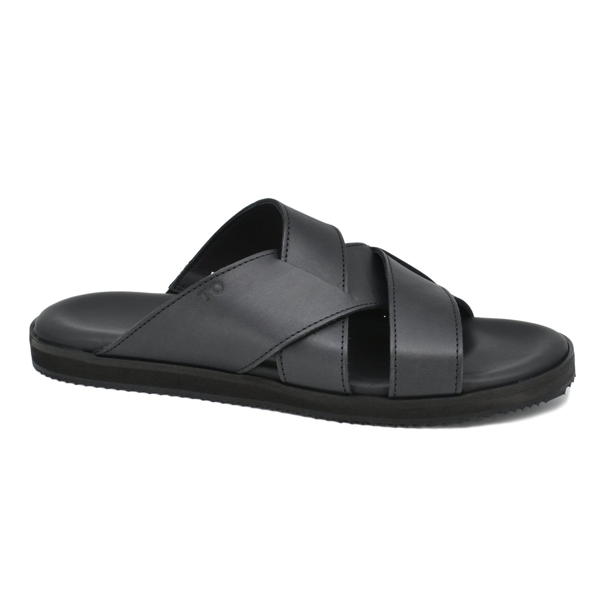 2. Side view of men's black Helsinki sandals by Omaking, highlighting leather upper and EVA rubber outsole