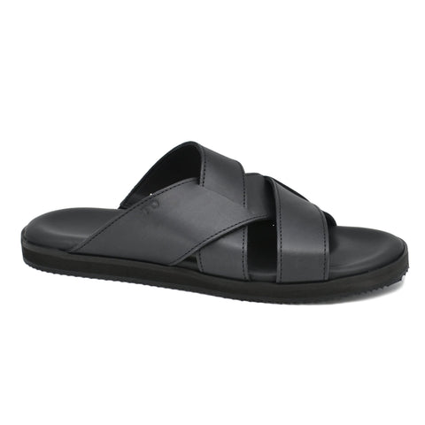 2. Side view of men's black Helsinki sandals by Omaking, highlighting leather upper and EVA rubber outsole