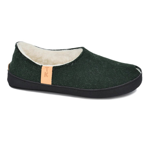 5. Side view of unisex dark green TOKU Budapest slipper with lambswool lining, highlighting arch support insole