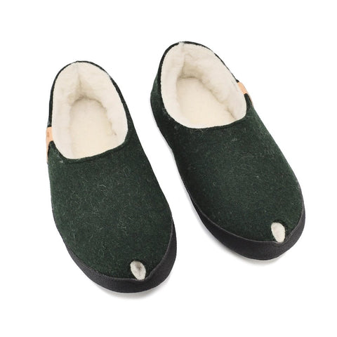 4. Studio shot of unisex dark green TOKU Budapest slippers with lambswool lining, showing closed heel and toe