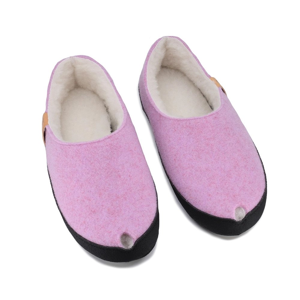 4. Studio image of TOKU Budapest light pink lambswool slippers, featuring closed heel and toe design