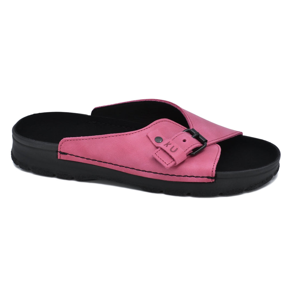 1. Women's TOKU Rome pink sandals by Omaking, featuring natural leather upper and black non-marking outsole, shown in studio setting