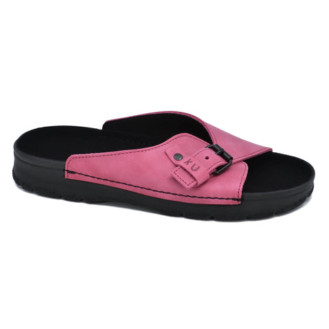 1. Women's TOKU Rome pink sandals by Omaking, featuring natural leather upper and black non-marking outsole, shown in studio setting