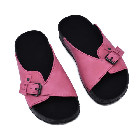 2. Top view of women's TOKU Rome pink sandals by Omaking, highlighting wide fit and adjustable buckle design