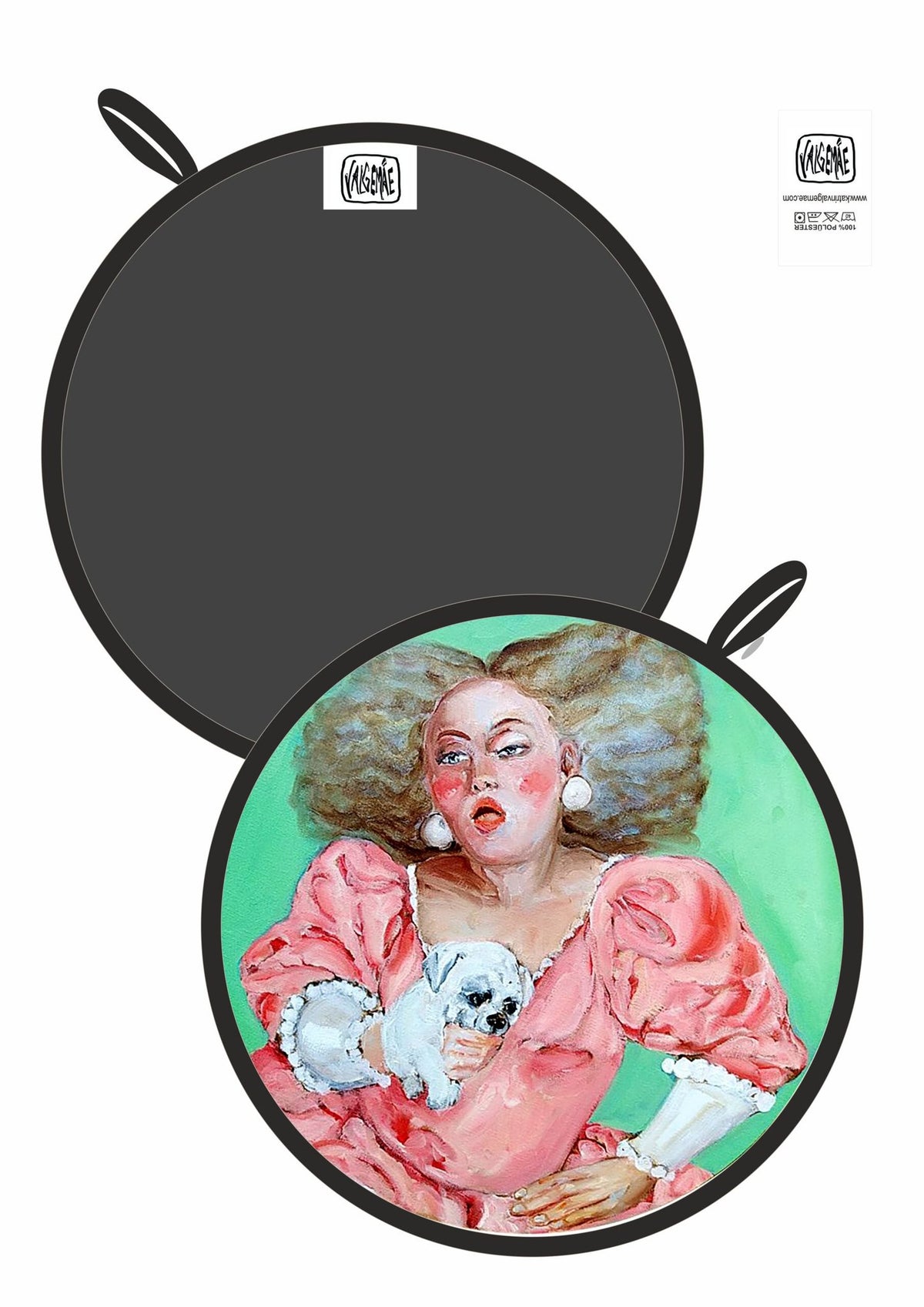 5. Front and back view of pot holder with pink dress woman design and black reverse side