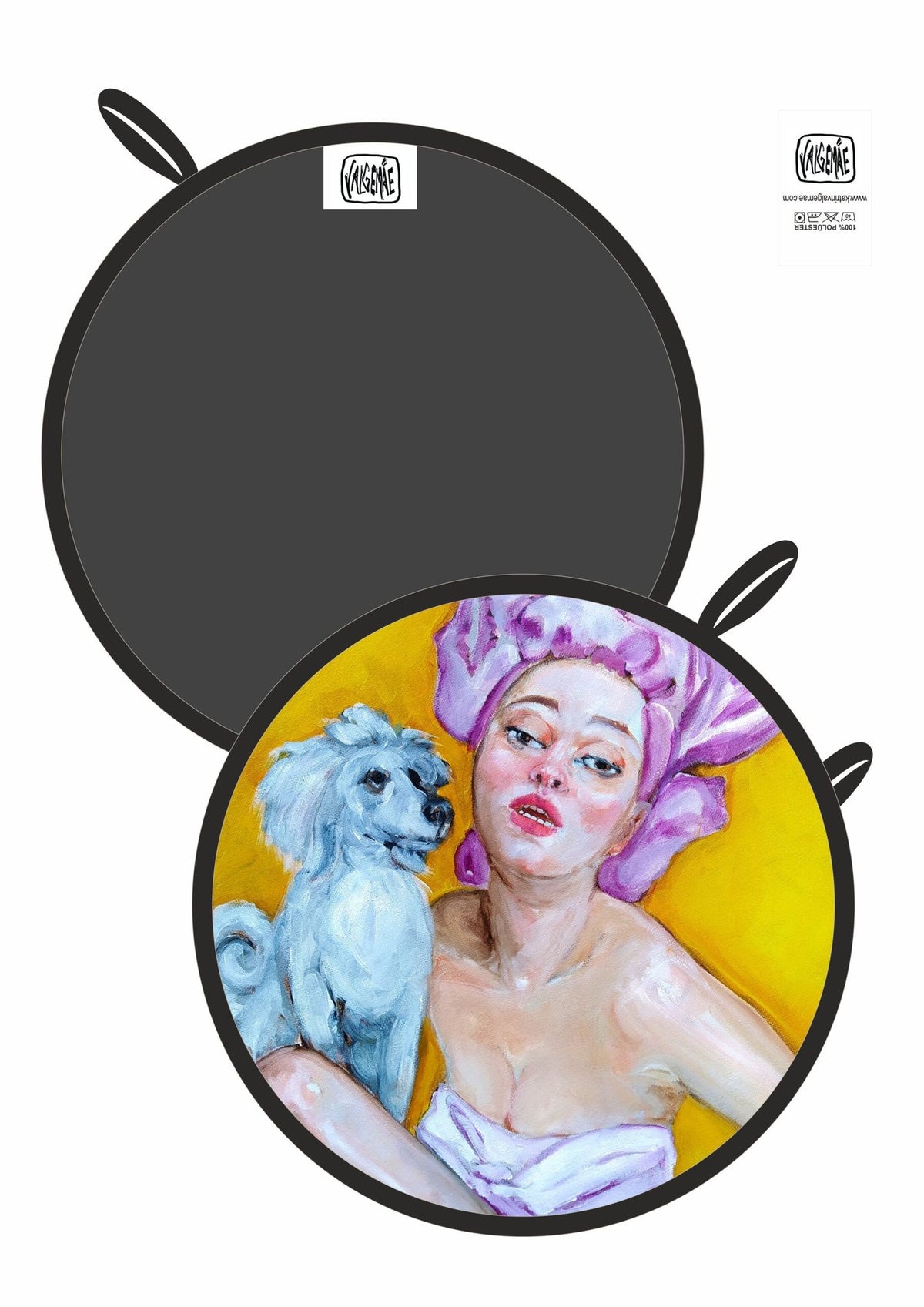 4. Flat lay of pot holder showing both sides, one with pop art design and the other plain black with logo