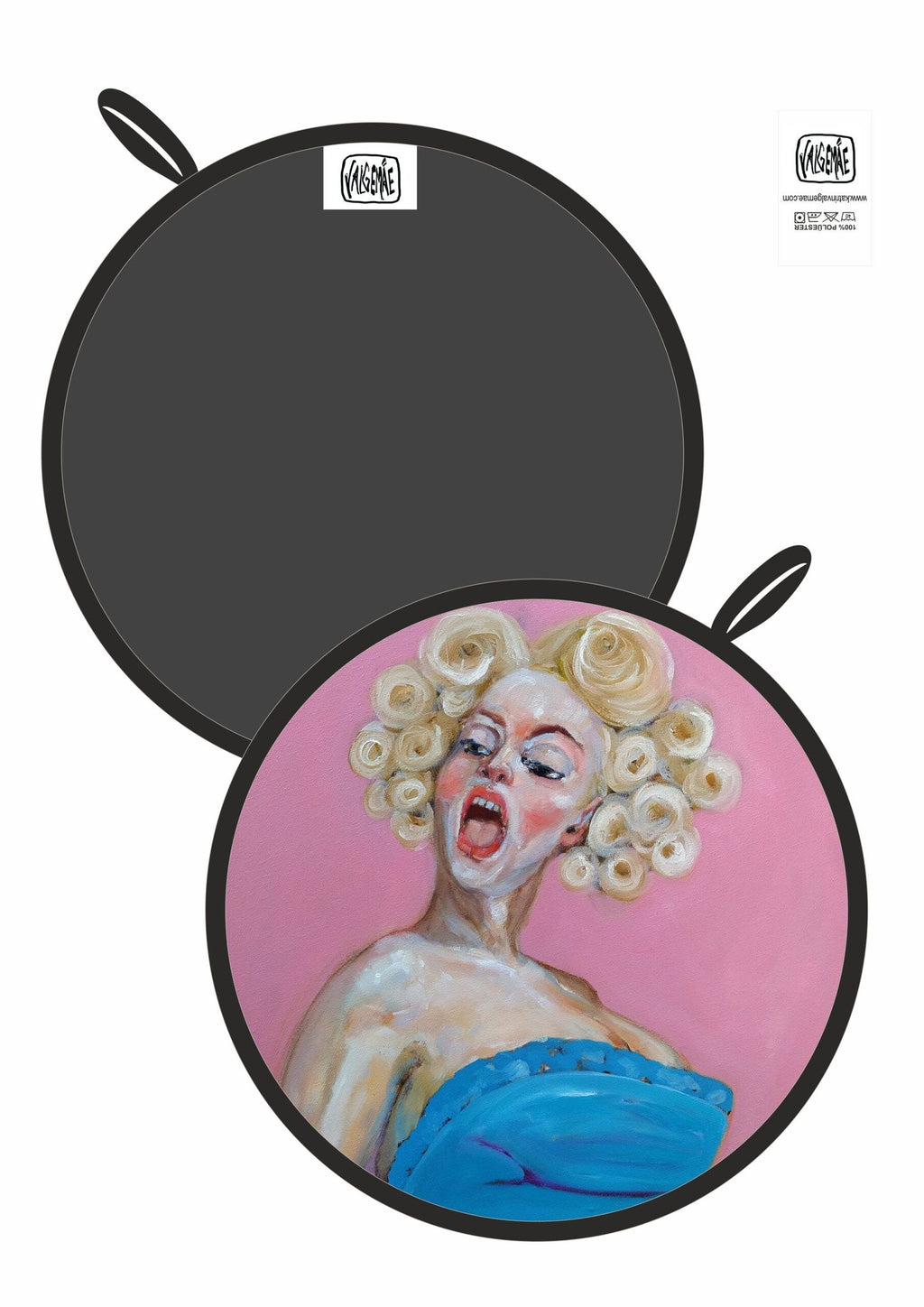 3. Front and back view of round pot holder with pop art painting and black reverse side with logo