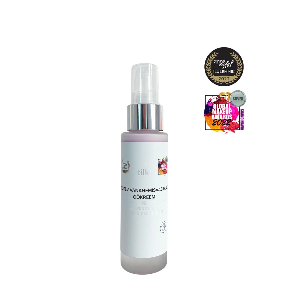 1. Tilk! Nourishing Anti-Ageing Night Cream with Lavender and Black Garlic, 50ml, shown with award badges