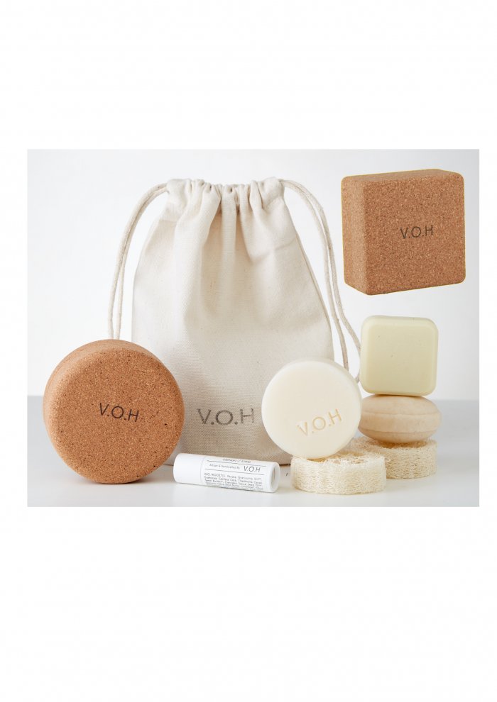 14. V.O.H eco-friendly beauty set with solid shampoo, conditioner, lip balm, and cotton bag