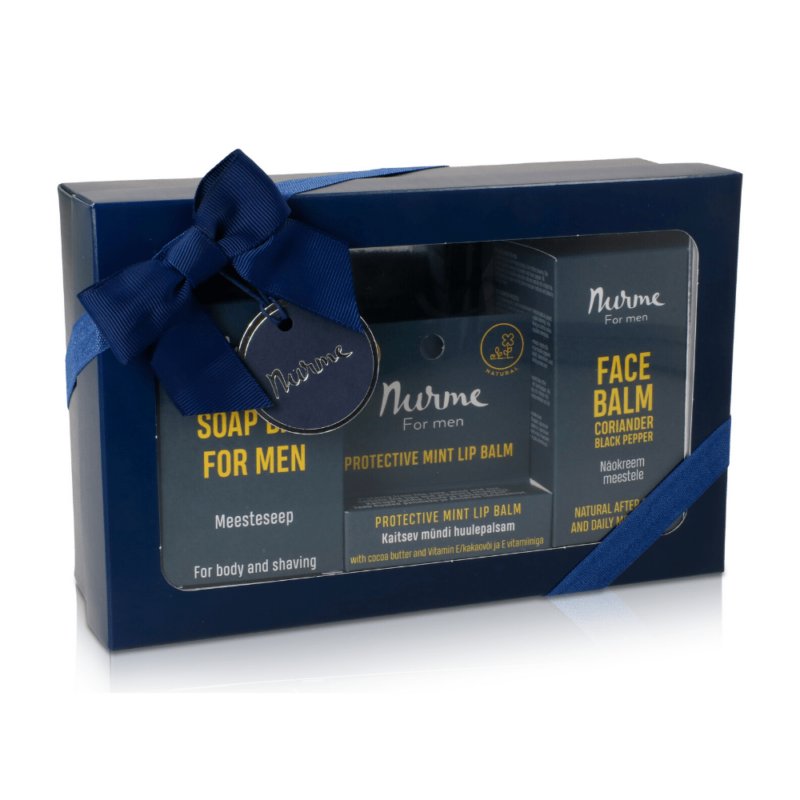 1. Nurme Natural Skincare Gift Set for Men in elegant packaging with blue ribbon, featuring soap, lip balm, and face balm