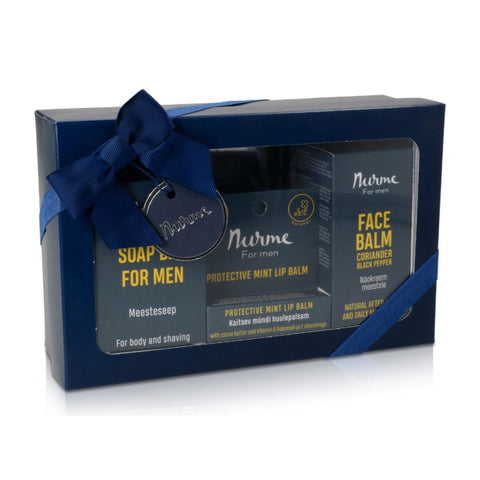 1. Nurme Natural Skincare Gift Set for Men in elegant packaging with blue ribbon, featuring soap, lip balm, and face balm