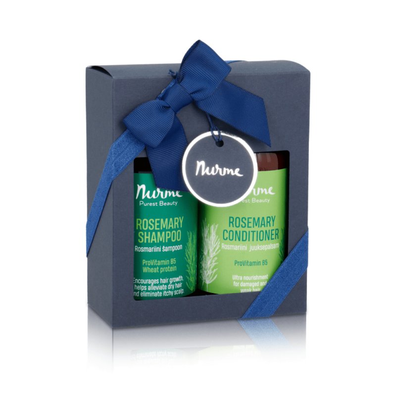 3. Nurme Rosemary shampoo and conditioner gift set with blue ribbon packaging
