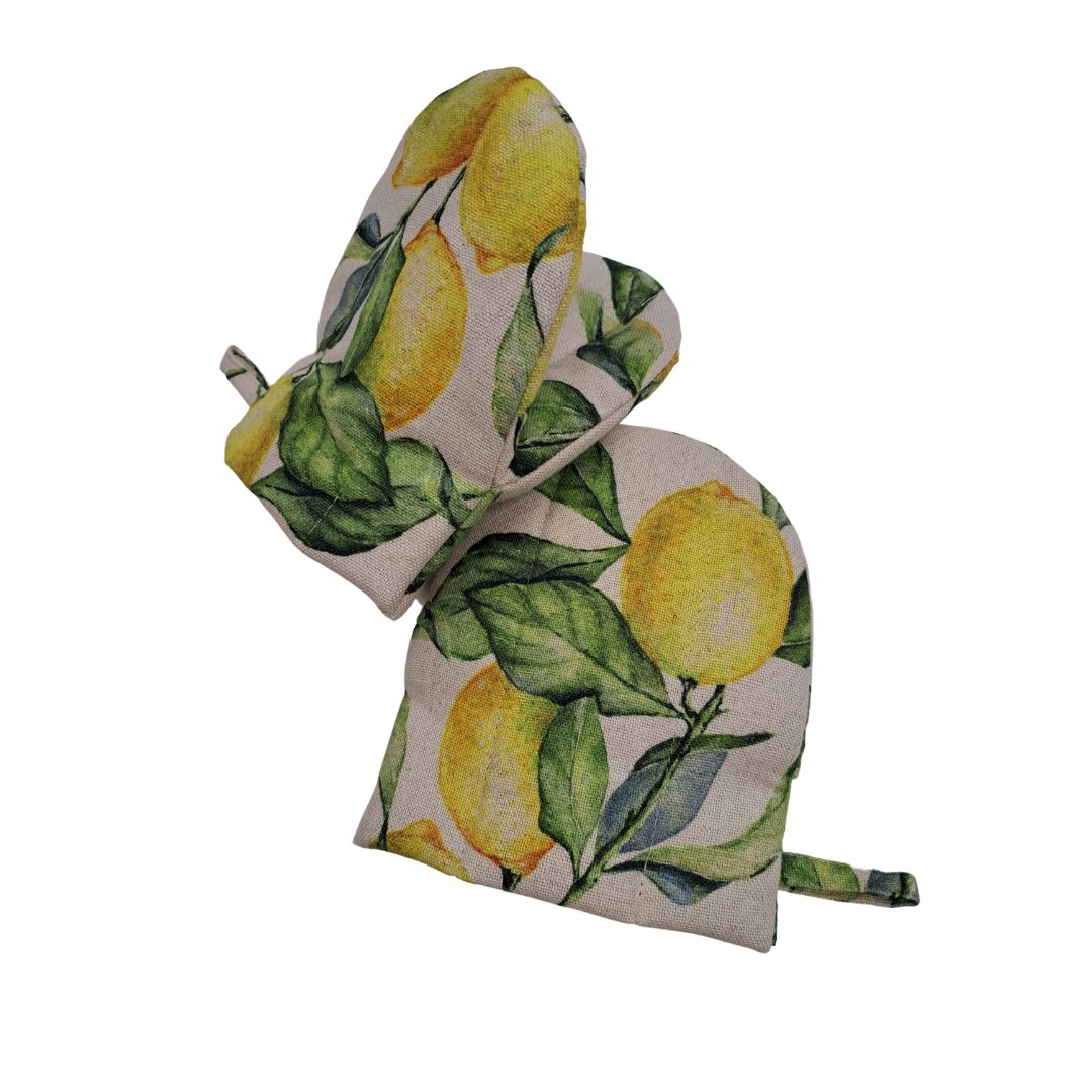 2. Studio image of Hortensias Home Lemon Linen oven gloves with lemon and leaf pattern, highlighting design and texture
