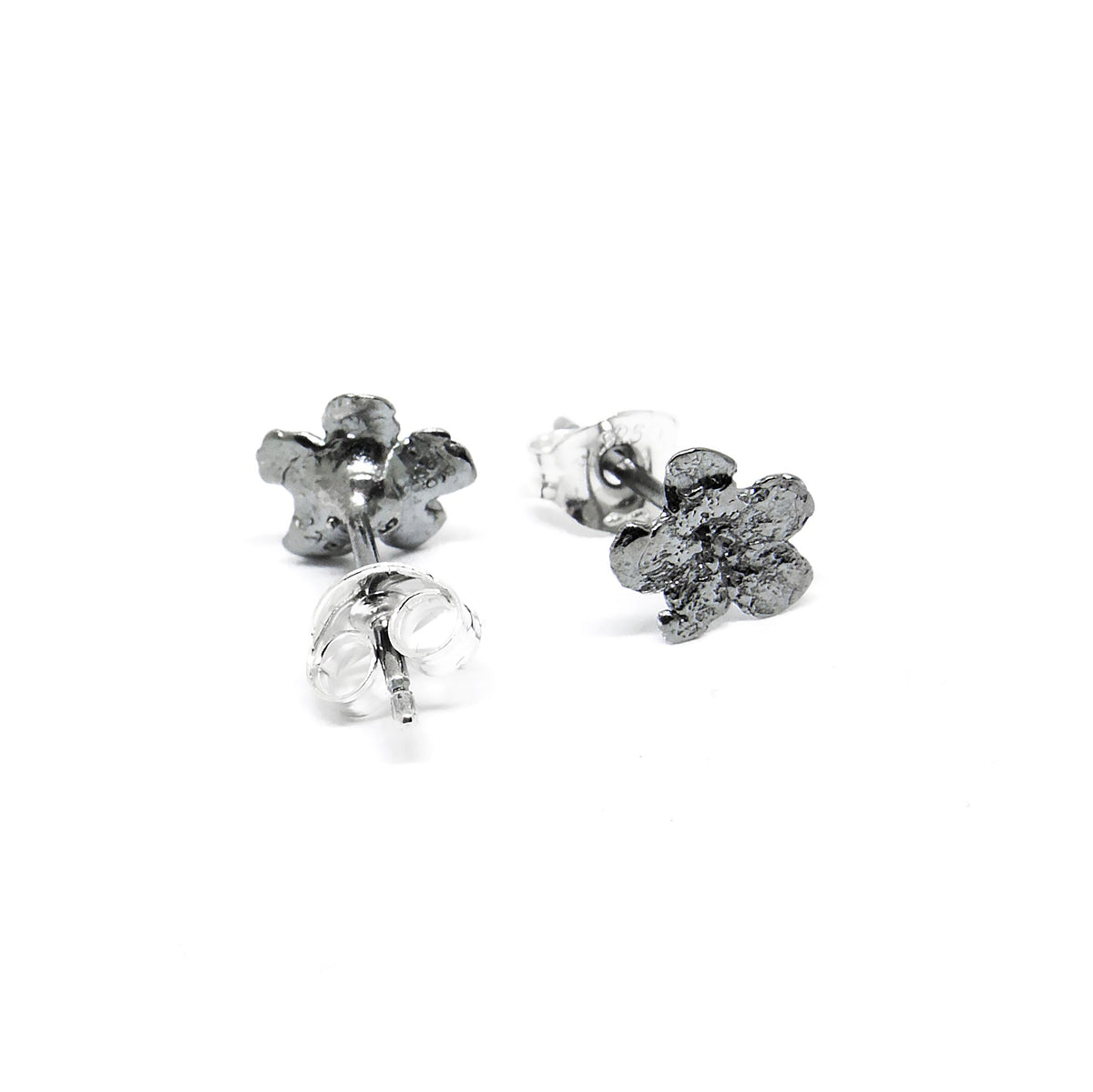 3. Close-up of oxide-plated SPRING Forget-Me-Not earrings by Agnes Veski Jewellery, highlighting stud design and silver craftsmanship