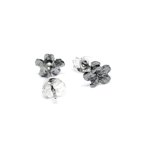 3. Close-up of oxide-plated SPRING Forget-Me-Not earrings by Agnes Veski Jewellery, highlighting stud design and silver craftsmanship